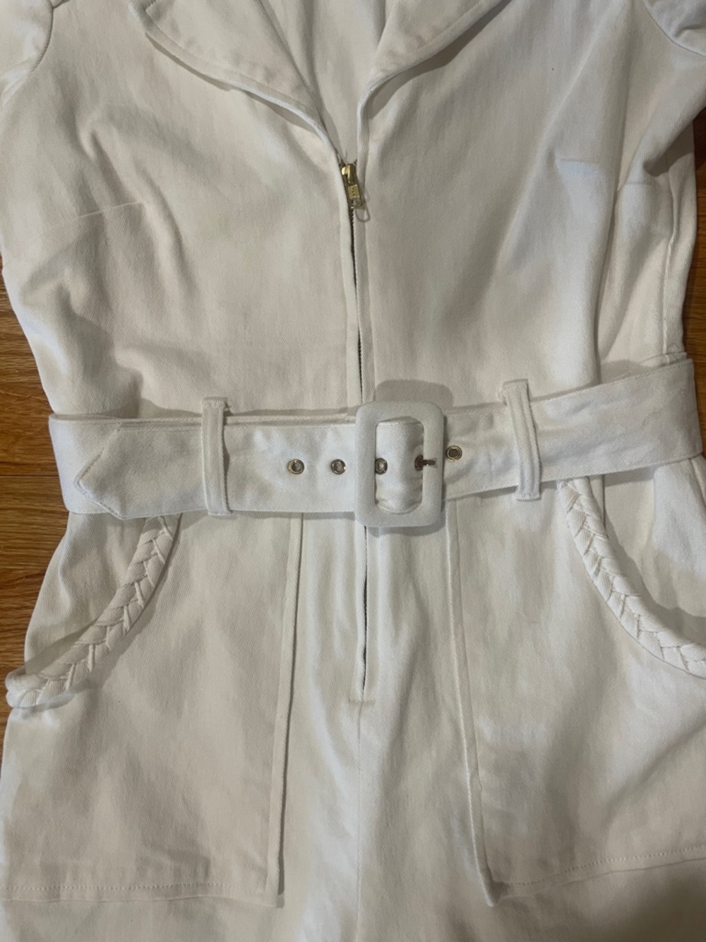 Mumu White Short Sleeve Belted denim stretch Romper - Picture 3 of 7